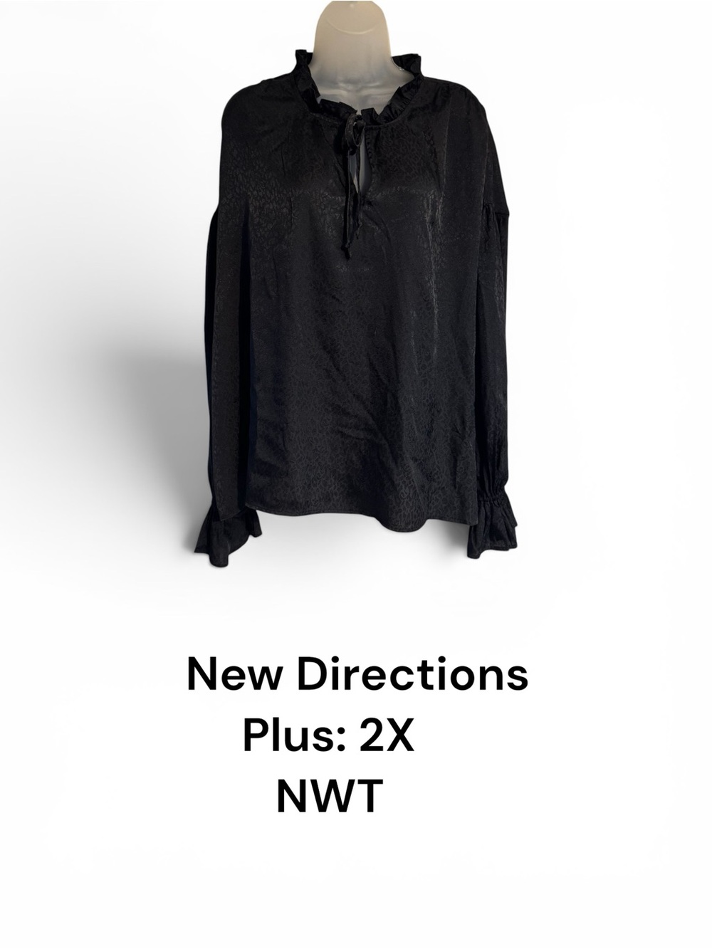 NWT  New Directions  Black Ruffle Tie-Neck Blouse PLUS:2X  #W